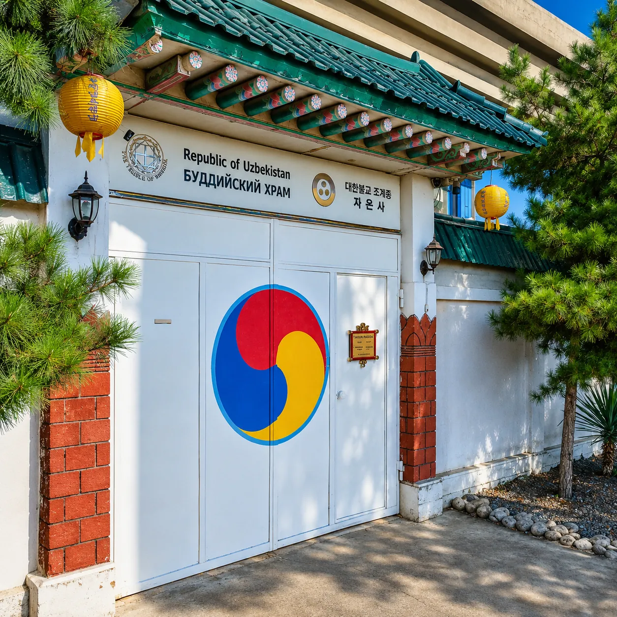 The painted Korean gate of Jaeunsa Temple, seen from the street