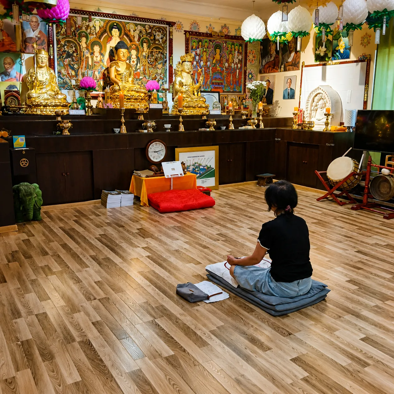 The meditation hall at Jaeunsa: cushions on the floor, wooden walls, the altar at the far end