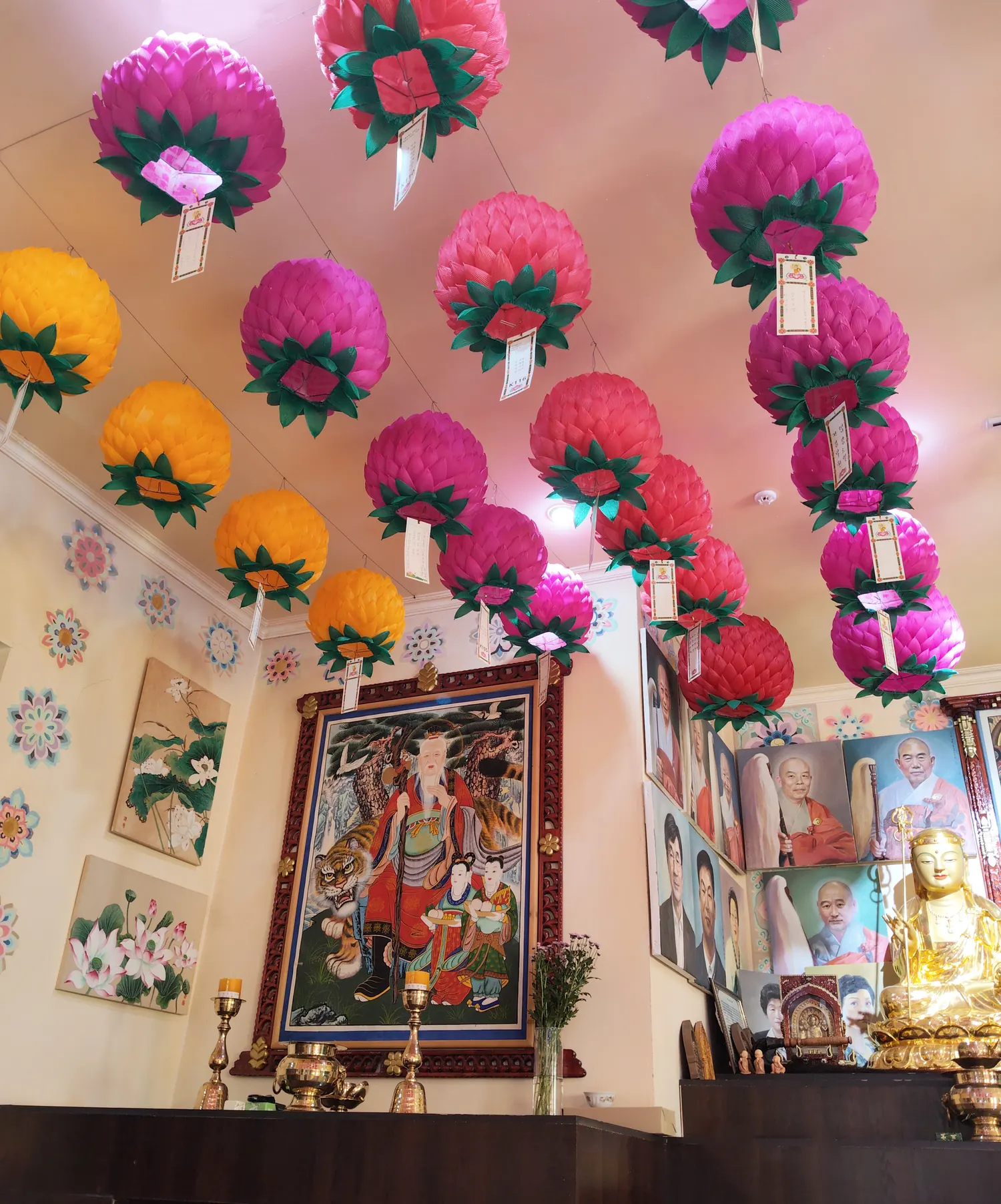 Colourful paper lanterns beneath the ceiling of Jaeunsa Temple in Tashkent