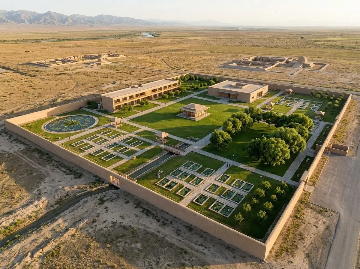 Aerial view of the complex, with its garden and ponds beside the archaeological sites